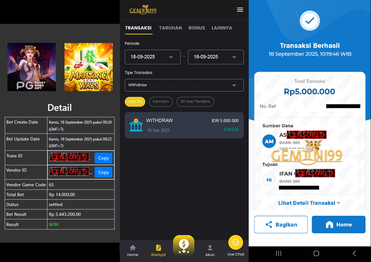 GEMINI99 BUKTI WITHDRAW (MAHYONG WYS 2) DIBAYAR LUNAS